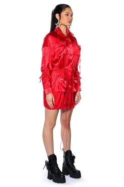 ON THE ROAD SATIN UTILITY MINI DRESS -AKIRA Shop on the road satin utility mini dress red 4 4