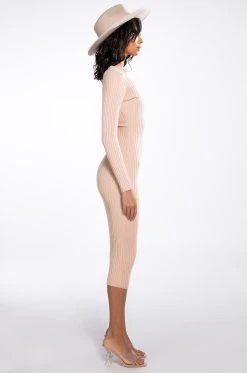 PAXTON LOOKING GOOD FEELING FINE RIBBED KNIT MIDI DRESS -AKIRA Shop paxton looking good feeling fine ribbed knit midi dress light brown 3 3