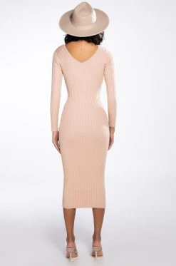 PAXTON LOOKING GOOD FEELING FINE RIBBED KNIT MIDI DRESS -AKIRA Shop paxton looking good feeling fine ribbed knit midi dress light brown 4 4