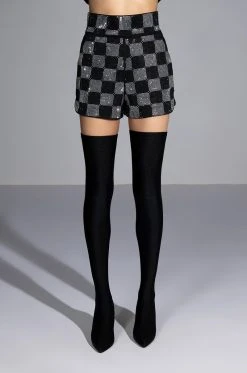 POP STAR CHECKERED RHINESTONE SHORT -AKIRA Shop pop star checkered rhinestone short black white 7 7
