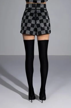 POP STAR CHECKERED RHINESTONE SHORT -AKIRA Shop pop star checkered rhinestone short black white 9 9