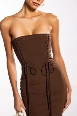 PRETTY PLEASE TUBE CORSET TOP MIDI DRESS -AKIRA Shop pretty please tube corset top midi dress dark brown 4 4