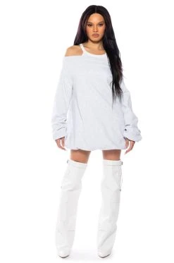 RELAXED CUTIE FRENCH TERRY OFF THE SHOULDER MINI DRESS -AKIRA Shop relaxed cutie french terry off the shoulder mini dress heather grey 4 4 c1 c1