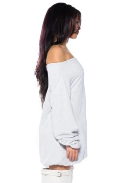RELAXED CUTIE FRENCH TERRY OFF THE SHOULDER MINI DRESS -AKIRA Shop relaxed cutie french terry off the shoulder mini dress heather grey 6 6 c1 c1