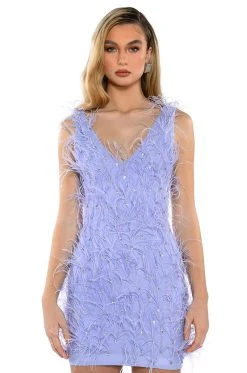 RENDEZVOUS SLEEVELESS FEATHER MINI DRESS IN PURPLE -AKIRA Shop rendezvous sleeveless feather mini dress in purple light purple 4 4