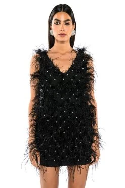 RENDEZVOUS SLEEVELESS FEATHER MINI DRESS