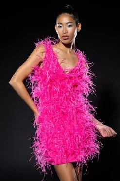 RENDEZVOUS SLEEVELESS FEATHER MINI DRESS IN PINK