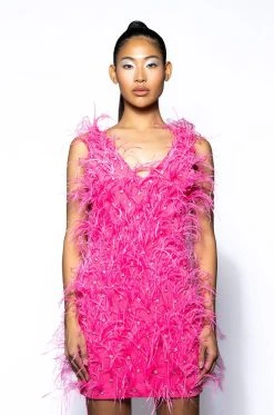RENDEZVOUS SLEEVELESS FEATHER MINI DRESS IN PINK -AKIRA Shop rendezvous sleeveless feather mini dress fuchsia 4 4