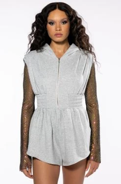 RIDE OR DIE RHINESTONE SLEEVE HOODED ROMPER -AKIRA Shop ride or die rhinestone sleeve hooded romper grey 4 4