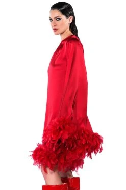SHES ALL THAT ONE SLEEVE FEATHER MINI DRESS -AKIRA Shop shes all that one sleeve feather mini dress red 10 10