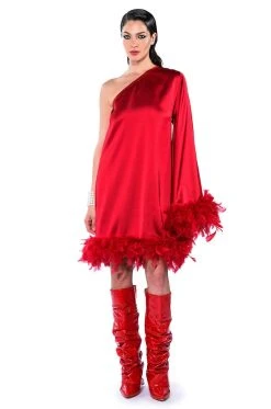 SHES ALL THAT ONE SLEEVE FEATHER MINI DRESS -AKIRA Shop shes all that one sleeve feather mini dress red 6 6