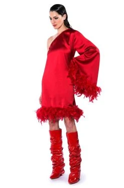 SHES ALL THAT ONE SLEEVE FEATHER MINI DRESS -AKIRA Shop shes all that one sleeve feather mini dress red 7 7