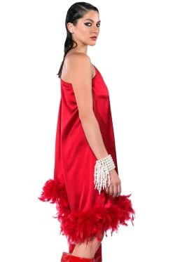 SHES ALL THAT ONE SLEEVE FEATHER MINI DRESS -AKIRA Shop shes all that one sleeve feather mini dress red 9 9