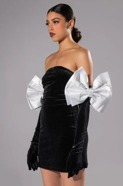 SHES FANCY MINI DRESS WITH GLOVE AND BOW ARM ACCENTS