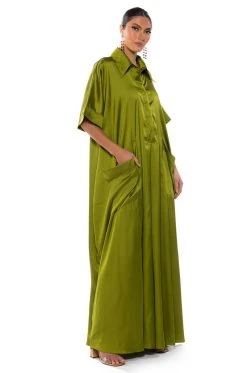 SHE'S RICH OVERSIZED SATIN JUMPSUIT IN GREEN -AKIRA Shop shes rich oversized satin jumpsuit in green green 2 2