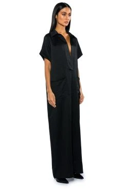 SILENT DREAMER SHORT SLEEVE SATIN JUMPSUIT -AKIRA Shop silent dreamer short sleeve satin jumpsuit black 4 4