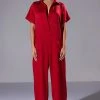 SILENT DREAMER SHORT SLEEVE SATIN JUMPSUIT -AKIRA Shop silent dreamer short sleeve satin jumpsuit red 1 1
