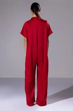 SILENT DREAMER SHORT SLEEVE SATIN JUMPSUIT -AKIRA Shop silent dreamer short sleeve satin jumpsuit red 4 4