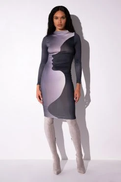SILHOUETTE MOCK NECK LONG SLEEVE MIDI DRESS -AKIRA Shop silhouette mock neck long sleeve midi dress black multi 2 2