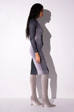 SILHOUETTE MOCK NECK LONG SLEEVE MIDI DRESS -AKIRA Shop silhouette mock neck long sleeve midi dress black multi 4 4