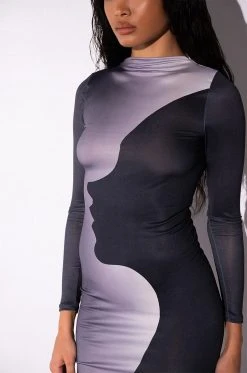 SILHOUETTE MOCK NECK LONG SLEEVE MIDI DRESS -AKIRA Shop silhouette mock neck long sleeve midi dress black multi 6 6