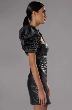 SLOANE SHOULDER DETAIL FAUX LEATHER MINI DRESS -AKIRA Shop sloane shoulder detail faux leather mini dress black 4 4