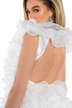 SOMETHING SPECIAL ULTRA RUFFLED BACKLESS MINI DRESS IN WHITE -AKIRA Shop something special ultra ruffled backless mini dress in white white 11 11