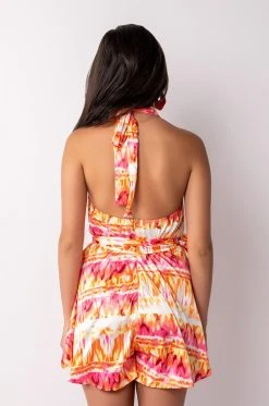 SUMMER TIME FINE COWL NECK HALTER TOP ROMPER -AKIRA Shop summer time fine cowl neck halter top romper pink multi 5 5