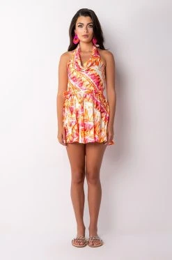 SUMMER TIME FINE COWL NECK HALTER TOP ROMPER -AKIRA Shop summer time fine cowl neck halter top romper pink multi 7 7