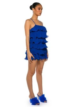 SWEETIE PLEATED RUFFLE SLEEVELESS MINI DRESS -AKIRA Shop sweetie pleated ruffle sleeveless mini dress blue 4 4
