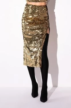 THANK THE ACADEMY HIGH SLIT MAXI SKIRT -AKIRA Shop thank the academy high slit maxi skirt gold 3 3