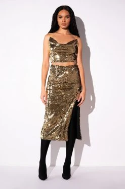 THANK THE ACADEMY HIGH SLIT MAXI SKIRT -AKIRA Shop thank the academy high slit maxi skirt gold 7 7