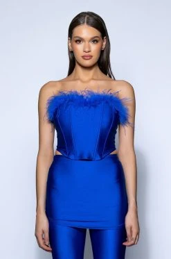 THE MOMENT FEATHER DETAIL CORSET IN BLUE -AKIRA Shop the moment feather detail corset in blue royal blue 5 5