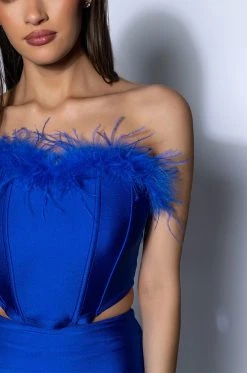 THE MOMENT FEATHER DETAIL CORSET IN BLUE -AKIRA Shop the moment feather detail corset in blue royal blue 8 8