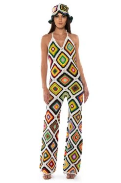 THE WAY YOU GROOVE CROCHET HALTER JUMPSUIT IN WHITE MULTI