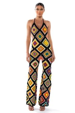 AKIRA Shop -AKIRA Shop the way you groove crochet halter jumpsuit black multi 2 2 c1
