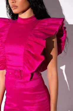 VALENTINA TAFFETA RUFFLE SLEEVE ROMPER -AKIRA Shop valentina taffeta ruffle sleeve romper pink 7 7