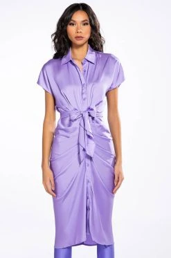 WEDDING GUEST READY SATIN TIE FRONT DRESS -AKIRA Shop wedding guest ready satin tie front dress light purple 3 3