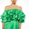 WEEKEND OFF THE SHOULDER RUFFLE ROMPER 1 WEEKEND OFF THE SHOULDER RUFFLE ROMPER -AKIRA Shop weekend off the shoulder ruffle romper green 1 1