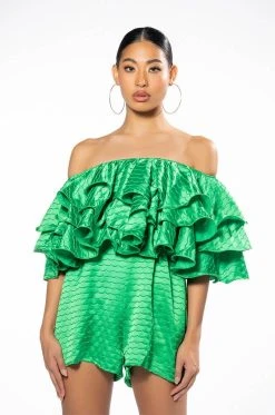 WEEKEND OFF THE SHOULDER RUFFLE ROMPER -AKIRA Shop weekend off the shoulder ruffle romper green 3 3