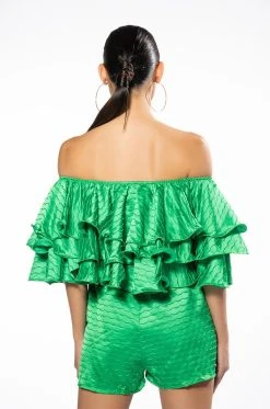 WEEKEND OFF THE SHOULDER RUFFLE ROMPER -AKIRA Shop weekend off the shoulder ruffle romper green 5 5