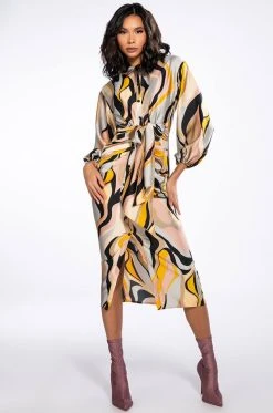 WORK OF ART BUTTON DOWN TIE WAIST MIDI DRESS -AKIRA Shop work of art button down tie waist midi dress pink multi 2 2